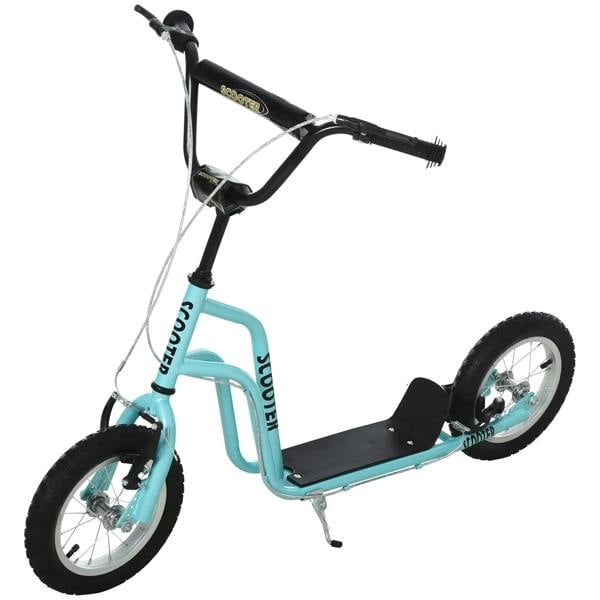 Teal kids kick scooter with black handlebar, black deck, and 12-inch rubber tires