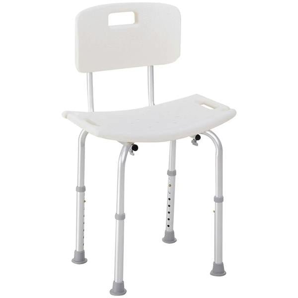 White bath shower safety stool with backrest, contoured seat and adjustable legs.