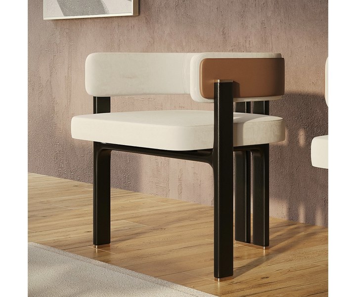 Modern Karl dining chair showcasing a sleek eucalyptus wood frame.