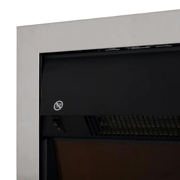 Silver electric fireplace insert frame with black inner panel and ventilation grille