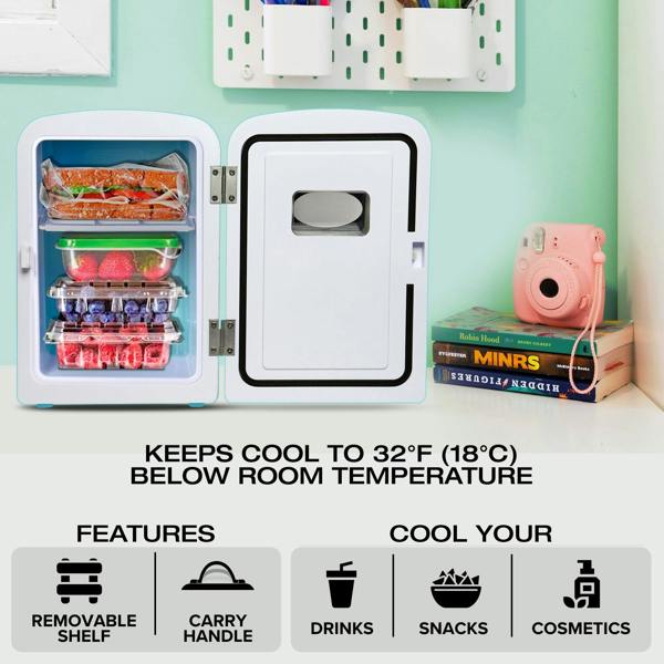 Koolatron 4L Mini Fridge For Bedrooms 6 Can Table Top 12V Portable Cooler Skincare Green