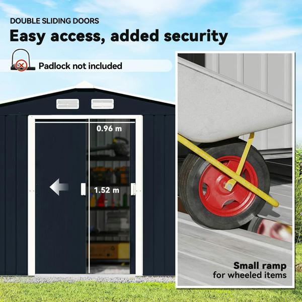 Double sliding doors on a dark grey metal bicycle shed; padlock not included