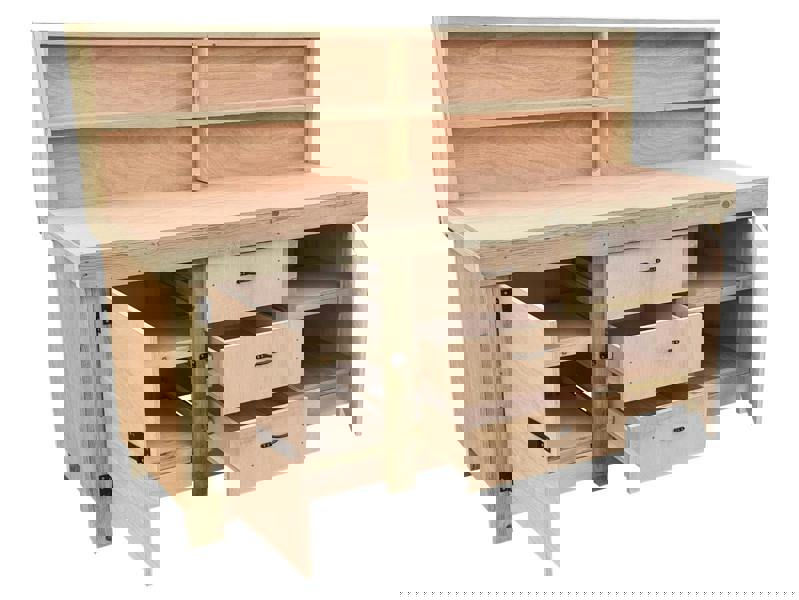 Arbor Garden Solutions Eucalyptus top workbench with drawers and double lockable cupboard (V.8) with back panel & double shelf