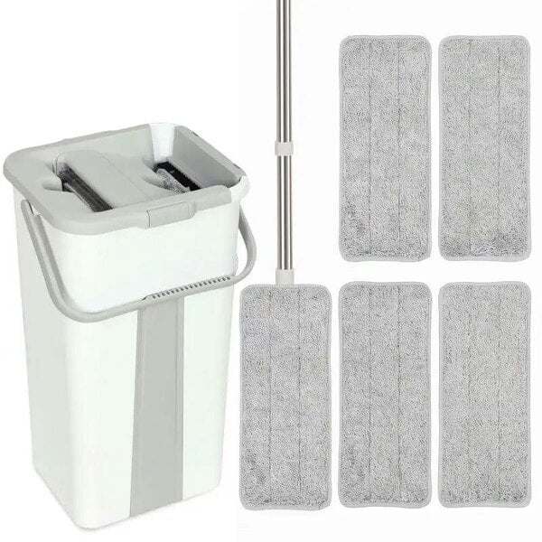 Bobobiy Mop and Bucket Set, Compact Flat Mop System with Wringer, 2-Chamber Design, 5 Reusable Pads, 127cm Handle, White