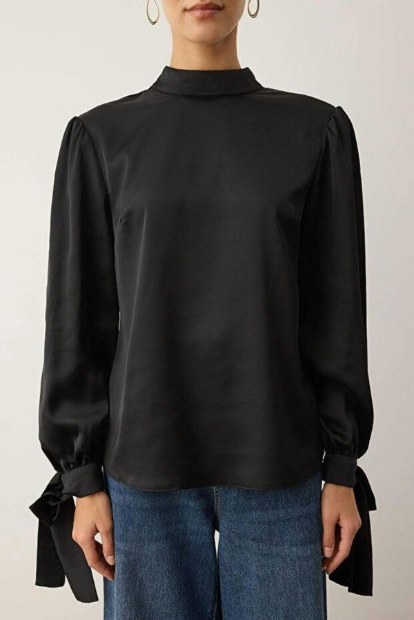 WOVCOR Satin Woven Blouse with Tie Detail