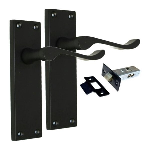 EDH Door Hardware Matt Black Victorian Scroll Door Handles on Backplate – Handle Only or Handle + Tubular Latch – 150mm x 42mm - Handle + Tubular Latch