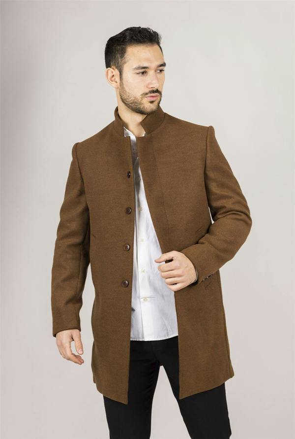 Infinity Leather Men's Brown Stand Collar Wool Blend Overcoat