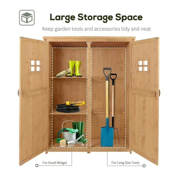 Natural wood tool cabinet with open double doors and interior shelves for storage