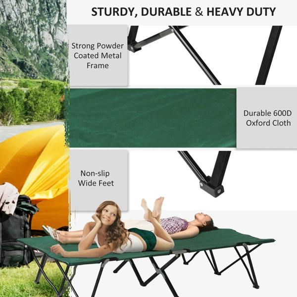 Green double camping cot bed with sturdy frame and non-slip wade supports