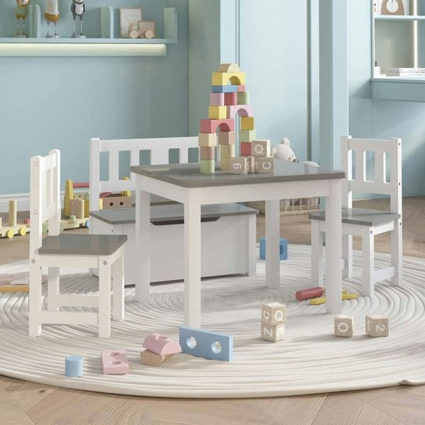 Berkfield 4 Piece Children Table and Chair Set White and Grey MDF