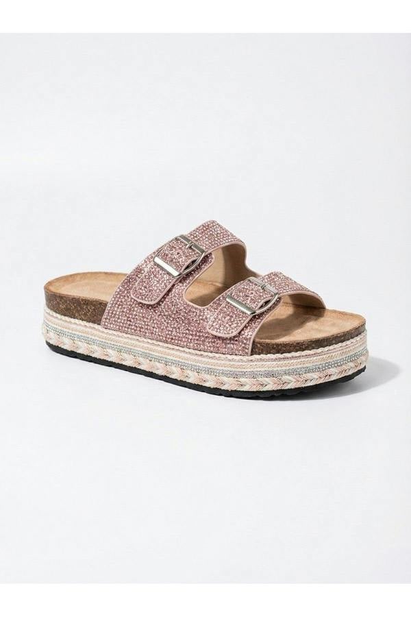Aria Womens Rhinestone Buckle Platform Sandals - PINK