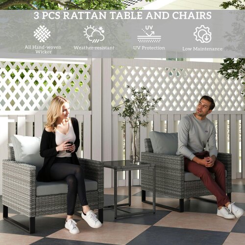 Wyld Haus Dobaso Rattan Grey 3 Piece Bistro Set with Glass Coffee Table
