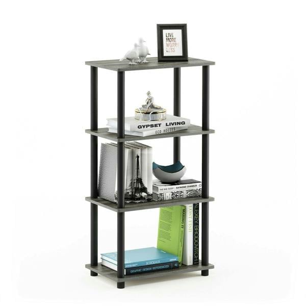 WALPLUS Modern Turn-N-Tube No Tool 4-Tier Storage Shelf, French Oak Grey/Black for Study Room