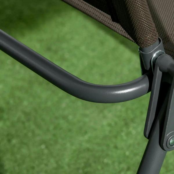 Curved gray armrest and joint detail on folding mesh chair