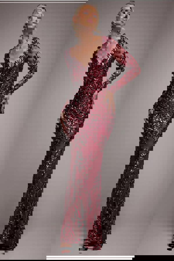 Sequin Leaf Long Sleeve Maxi Dress - Burgundy DR4359