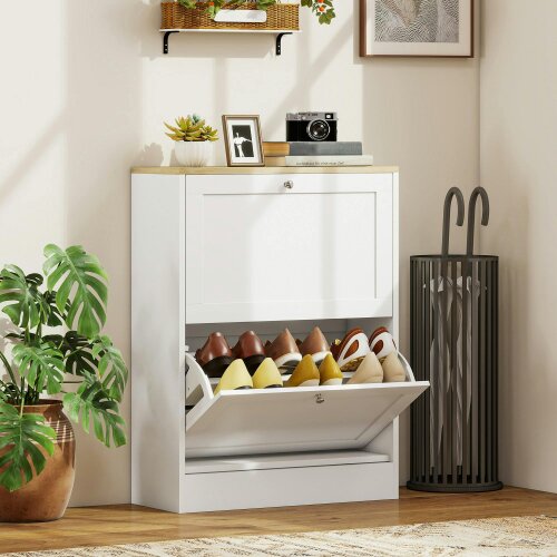 Wyld Haus Lori Wooden White Natural Top Shoe Cabinet With 2 Flip Drawers