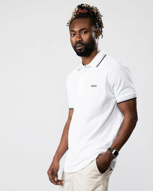 BOSS Green Paddy Mens Cotton-Piqué Polo Shirt with Contrast Logo - White 100