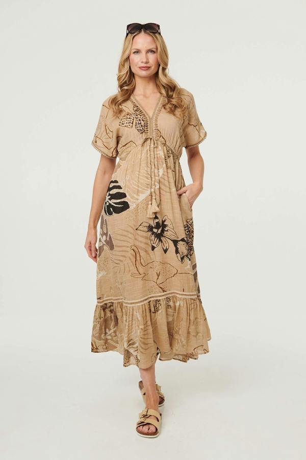 Beige | Printed Short Sleeve Empire Maxi Dress