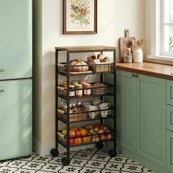 Metal Kitchen Trolley, 4-Tier Storage Trolley with Pull-Out Baskets and 4 Swivel Casters for Kitchen, Rustic Brown - Rustic Brown