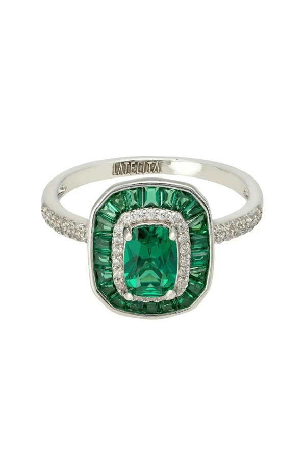 Latelita Great Gatsby Cocktail Ring Emerald Silver