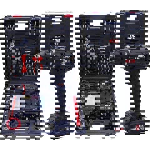 MYLEK 18V Cordless Li-ion Drill Complete With DIY 90 Piece Tool Kit And Carry Case