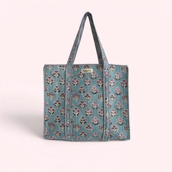 Hayley & Co Pale Blue and Pink Ditsy Floral Quilted Cotton Tote Bag