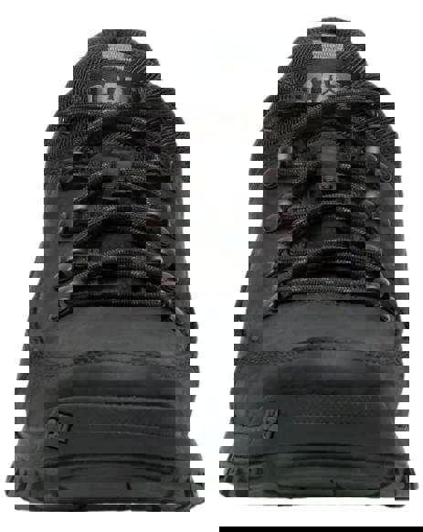 Caterpillar Threshold Hiker Low Mens Casual Leather Lace Up Trainer Shoes, front view of a black casual leather trainer with lace-up closure and rugged sole.