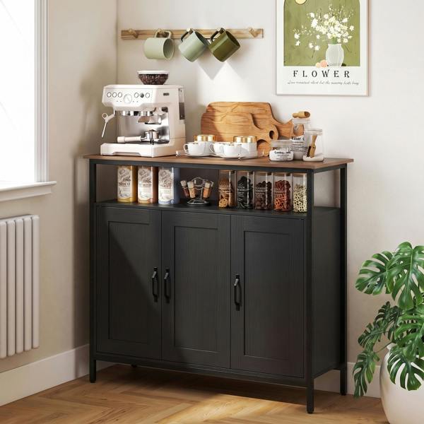 HOMCOM Industrial Kitchen Sideboard with Open Shelf & 2 Cabinets, Black