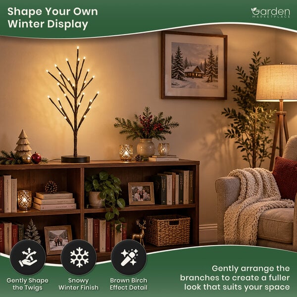 Snowy Brown Birch Christmas Twig Tree with Warm White LED Lights, 60cm Battery Powered Indoor Decorative Tree, 24 LEDs