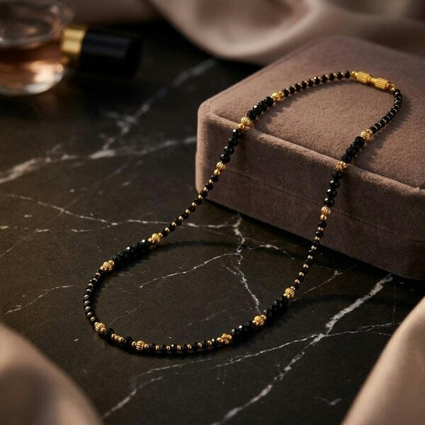The Colourful Aura Black Crystal Bead Gold Plated Mangalsutra Necklace 16 Inch