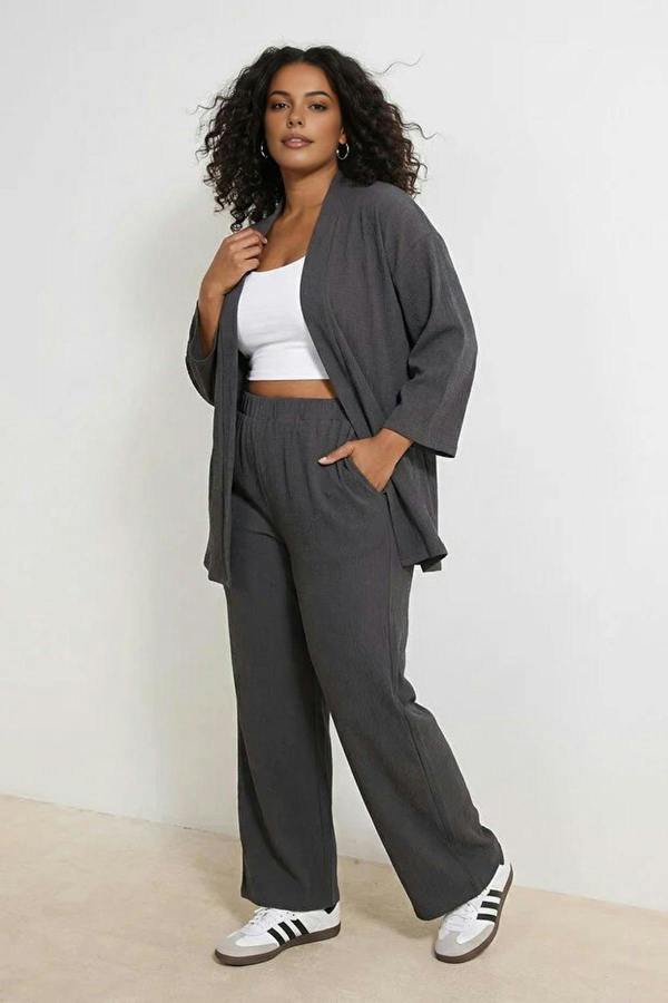 WOVCOR 2- Piece Straight Relaxed Fit Flexible Kimono Knit Plus Size Top and Bottom Set