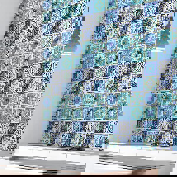 WALPLUS WT1567 - Daliah Blue and Turquoise Mediterranean Wall Tile Sticker Set - 15 cm x 15 cm - 24 pcs