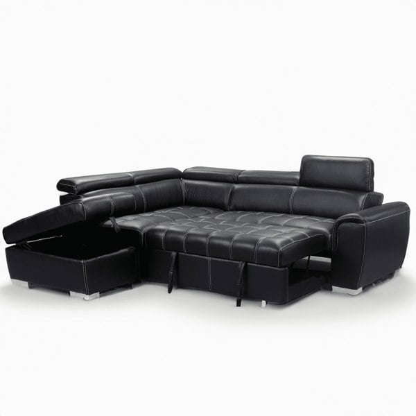 Nevada Black Corner Sofa bed Tilting Headrest + Storage Ottoman - 2