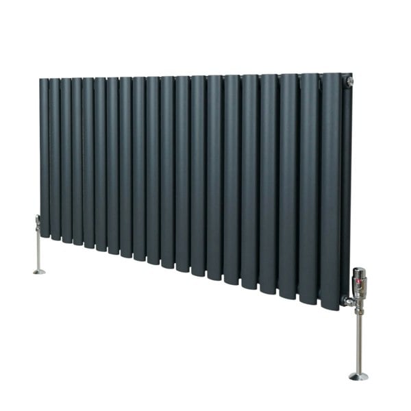 Oval column radiator in anthracite grey, measuring 600mm x 1200mm, featuring sleek vertical panels and stylish valves