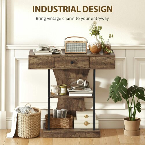 Wyld Haus Rasana Metal And Wooden Rustic Brown 3 Tier Console Table With Drawer And Shelves