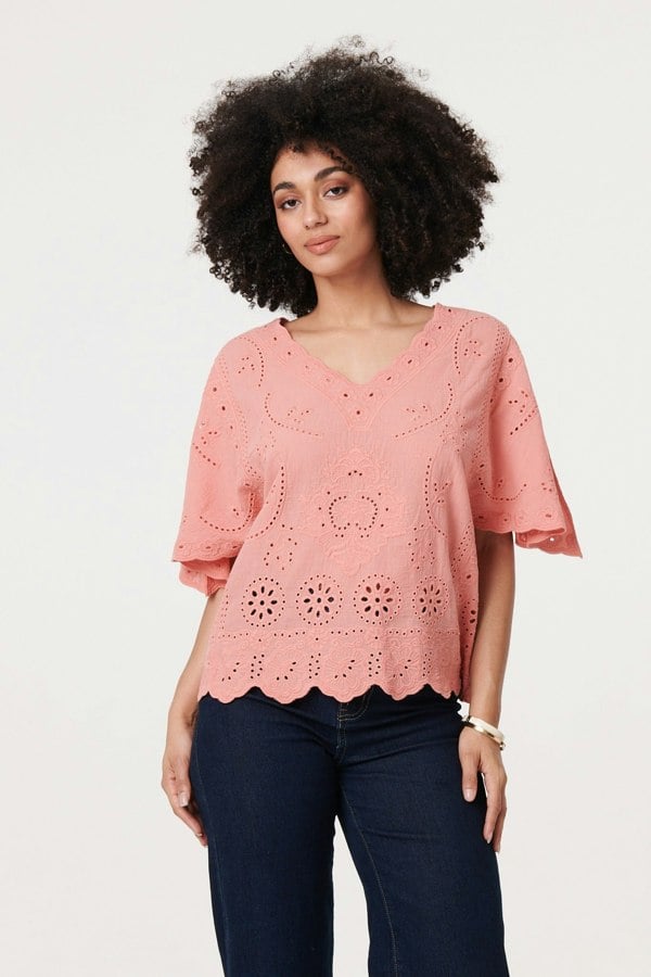 Pink | Broderie Anglaise Angel Sleeve Blouse
