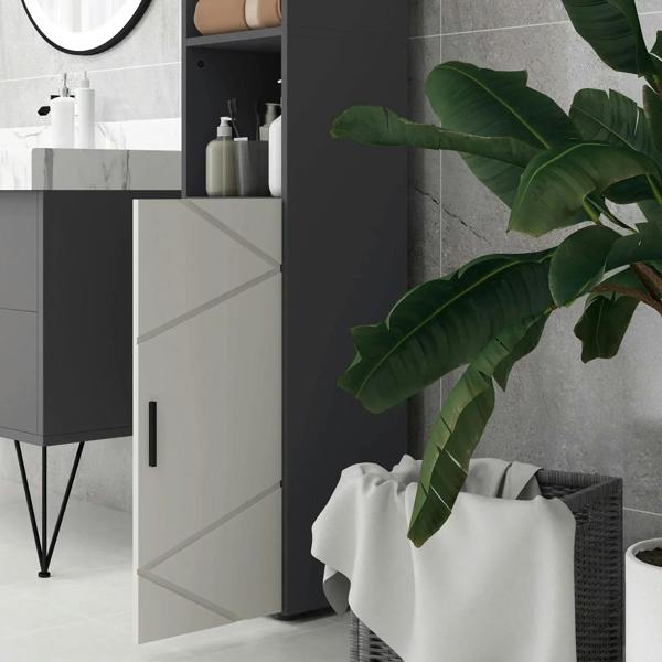 Tall cabinet with open door revealing shelves and interior compartments, grey and white