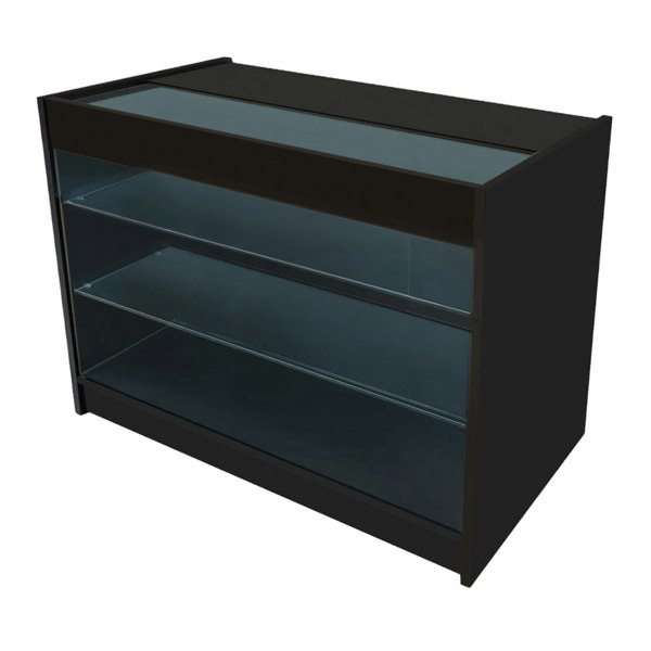 Black LED retail shop counter K1200 featuring a sleek design, glass display shelves, and a smooth surface for showcasing products