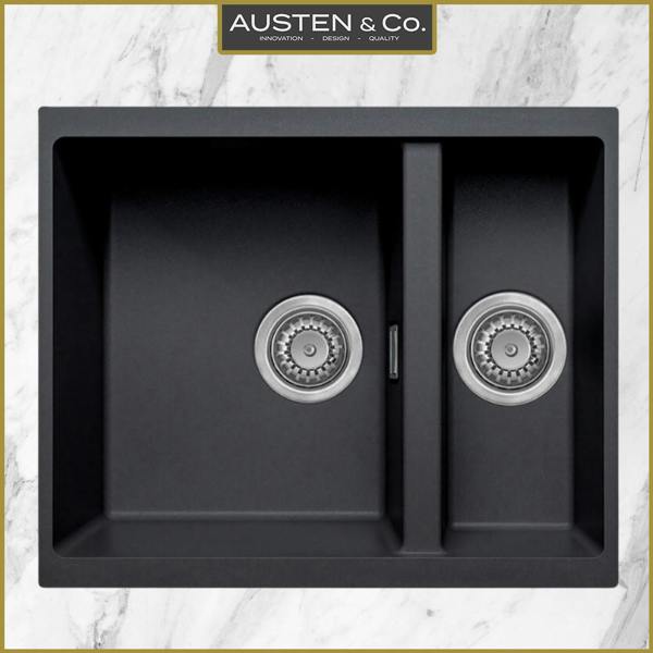 Austen & Co. Florence Inset & Undermount 1.5 Bowl Reversible Granite Kitchen Sink With Strainer & Over Flow Kit - Black