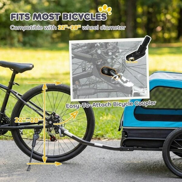Dog Bike Trailer with Flip-Down Ramp Tailgate, Quick Release Frame, Universal Bicycle Coupler, Reflectors, Blue