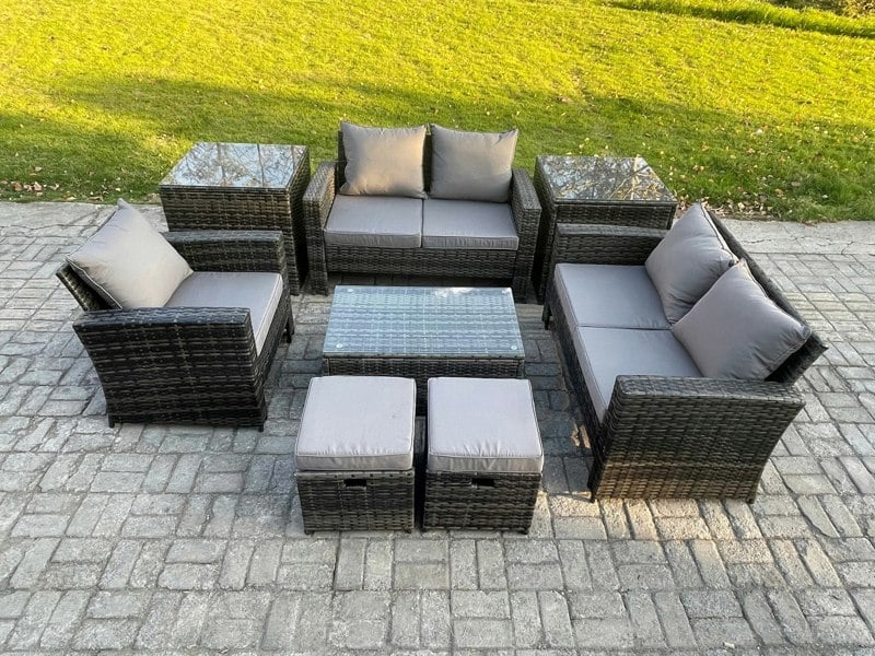 Fimous 7-Seater Rattan Garden Lounge Set - Dark Grey Mixed Patio Outdoor Sofa & Chair Set with Rectangular Coffee Table & 2 Small Footstools