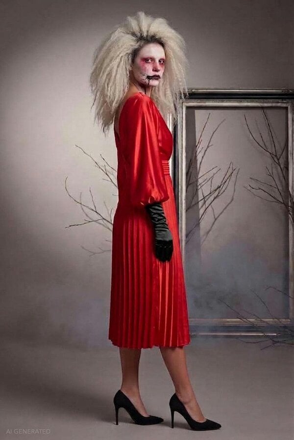 Goddiva Long Sleeve A-Line Midi Frankenstein's Bride-Inspired Halloween Costume - Red by Goddiva