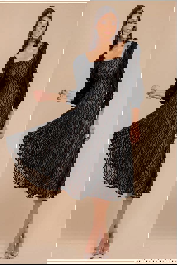 Puff Sleeve Side Slit Flared Jacquard Chiffon Midi Dress - Black DR4447