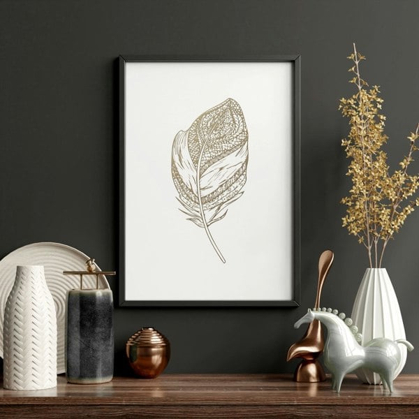 Gold artwork for living room | set of 3 Feathers wall art prints