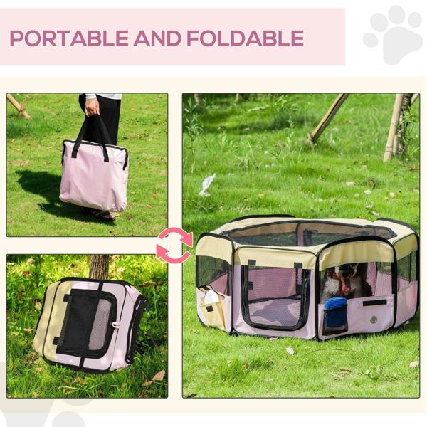 Portable pink and beige pet playpen with top handle, foldable design, and carry bag