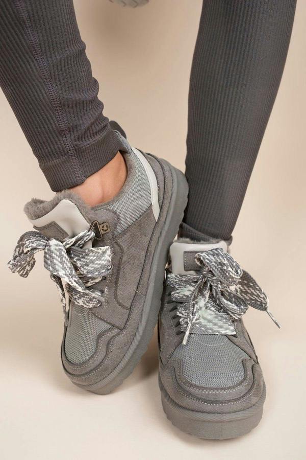 Leiza Chunky Lace Up Faux Fur Trainers - Grey
