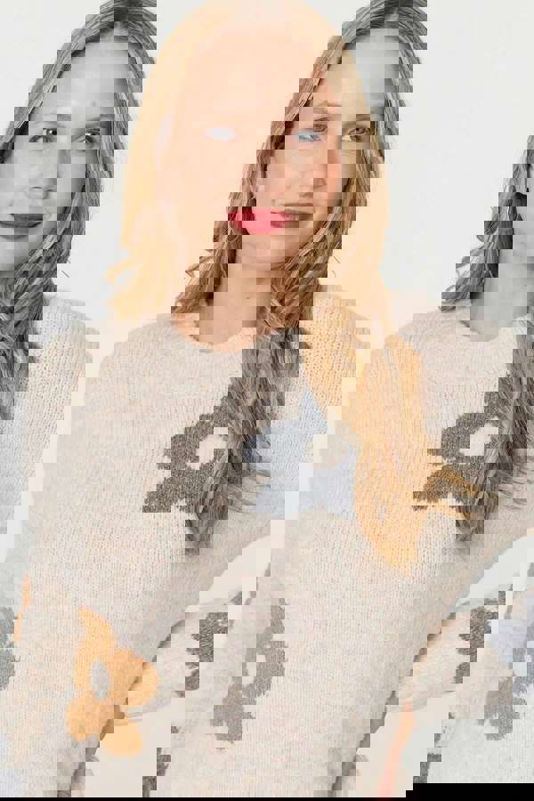 Beige | Floral Textured Knit Long Sleeve Jumper