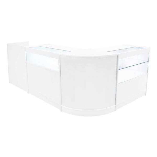 White Gravity LED Shop Counter Set featuring sleek, modern design with glass display sections and smooth, curved edges