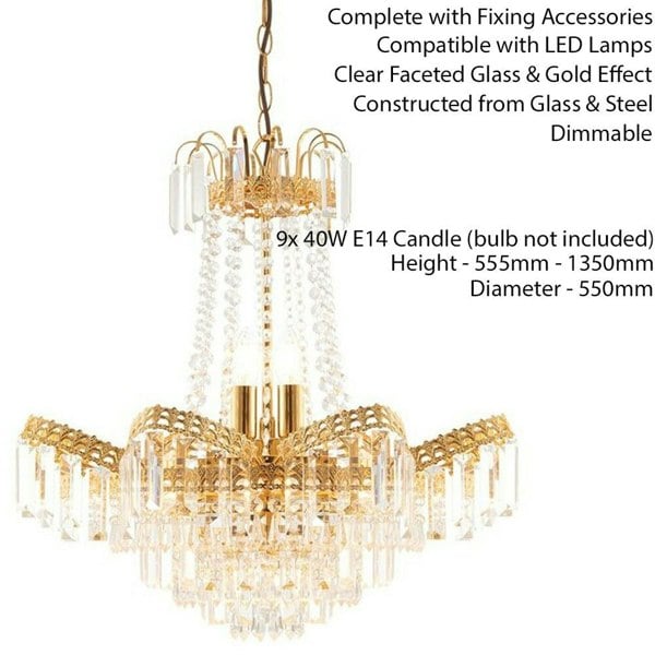Hanging Ceiling Pendant Light GOLD & GLASS 9 Light Chandelier Lamp Bulb Fitting Loops