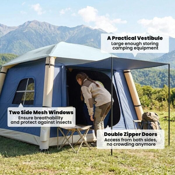 Inflatable Camping Tent with Hand Pump, Easy Setup 1/2 Person Blackout Blow Up Tent, Dark Blue
